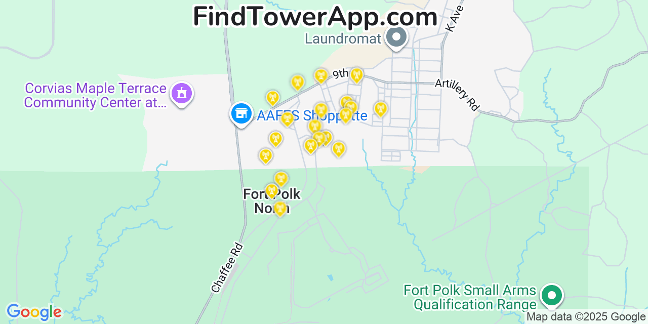 Map showing the 20 primary cell tower locations detected in Fort Polk North, Louisiana from AT&T, Verizon, and T-Mobile networks