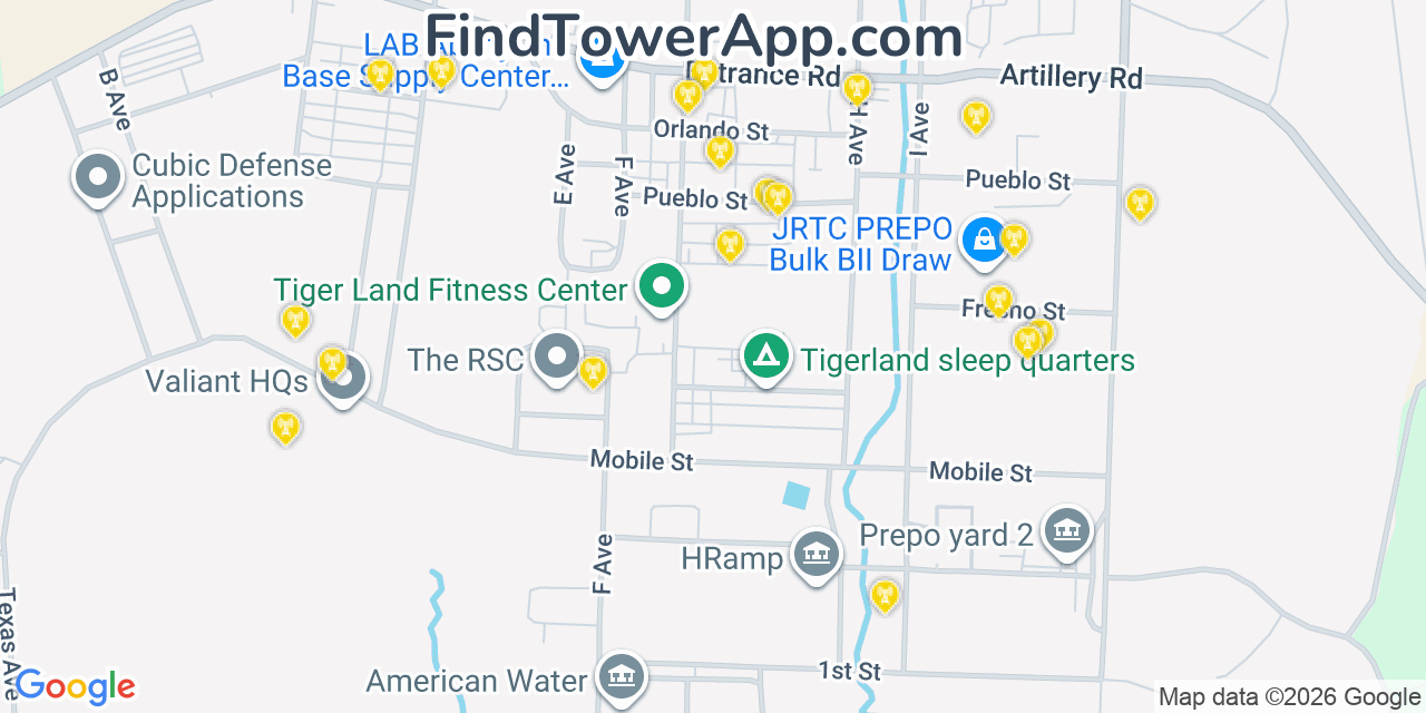 Map showing the 20 primary cell tower locations detected in Fort Polk North, Louisiana from AT&T, Verizon, and T-Mobile networks