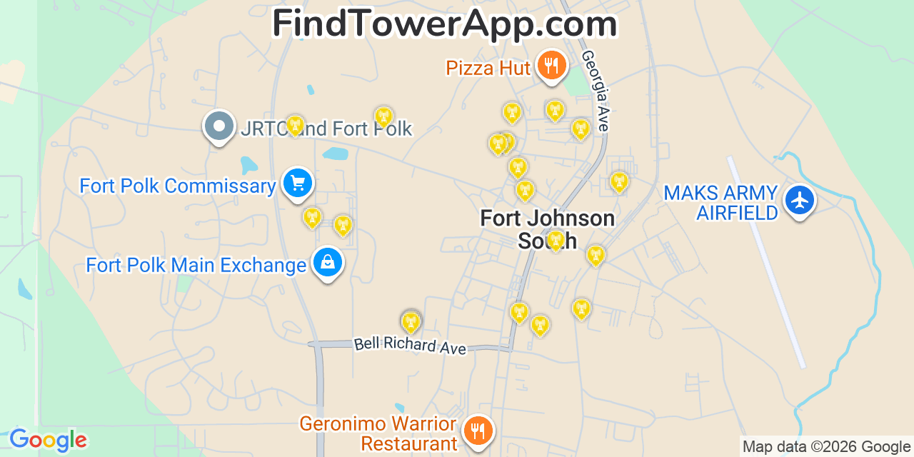 Map showing the 20 primary cell tower locations detected in Fort Polk South, Louisiana from AT&T, Verizon, and T-Mobile networks