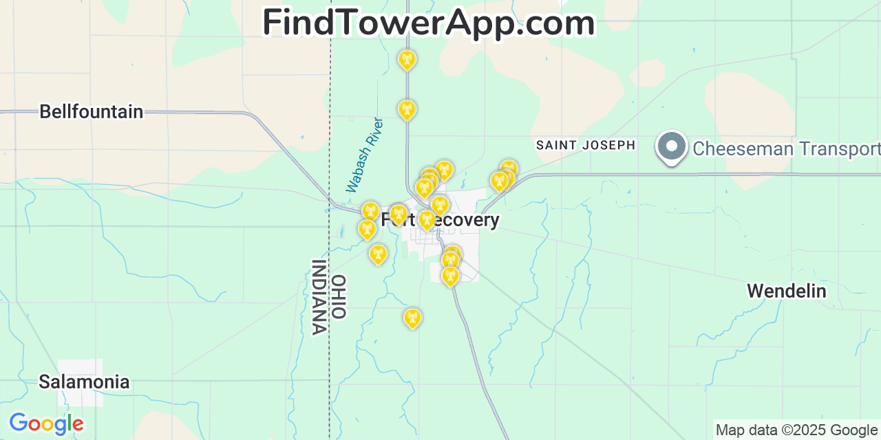 Map showing the 20 primary cell tower locations detected in Fort Recovery, Ohio from AT&T, Verizon, and T-Mobile networks