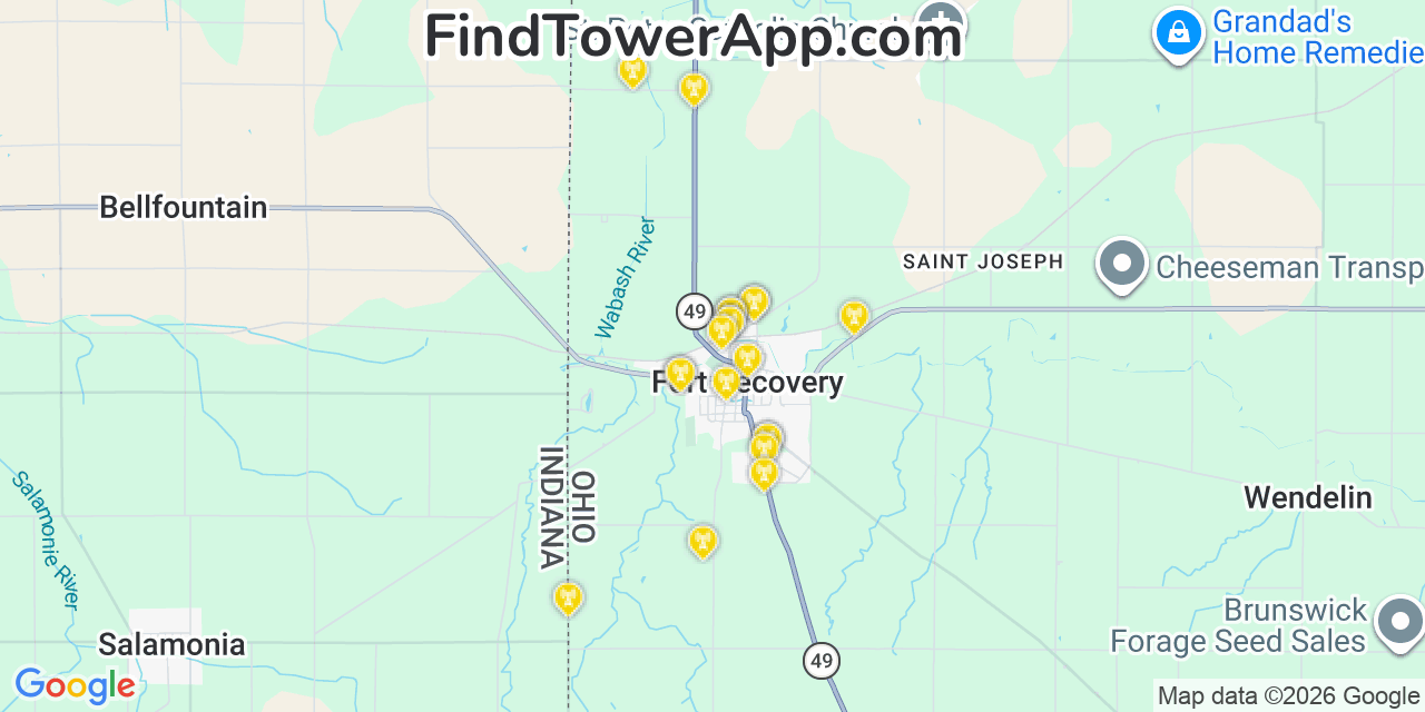 Map showing the 20 primary cell tower locations detected in Fort Recovery, Ohio from AT&T, Verizon, and T-Mobile networks