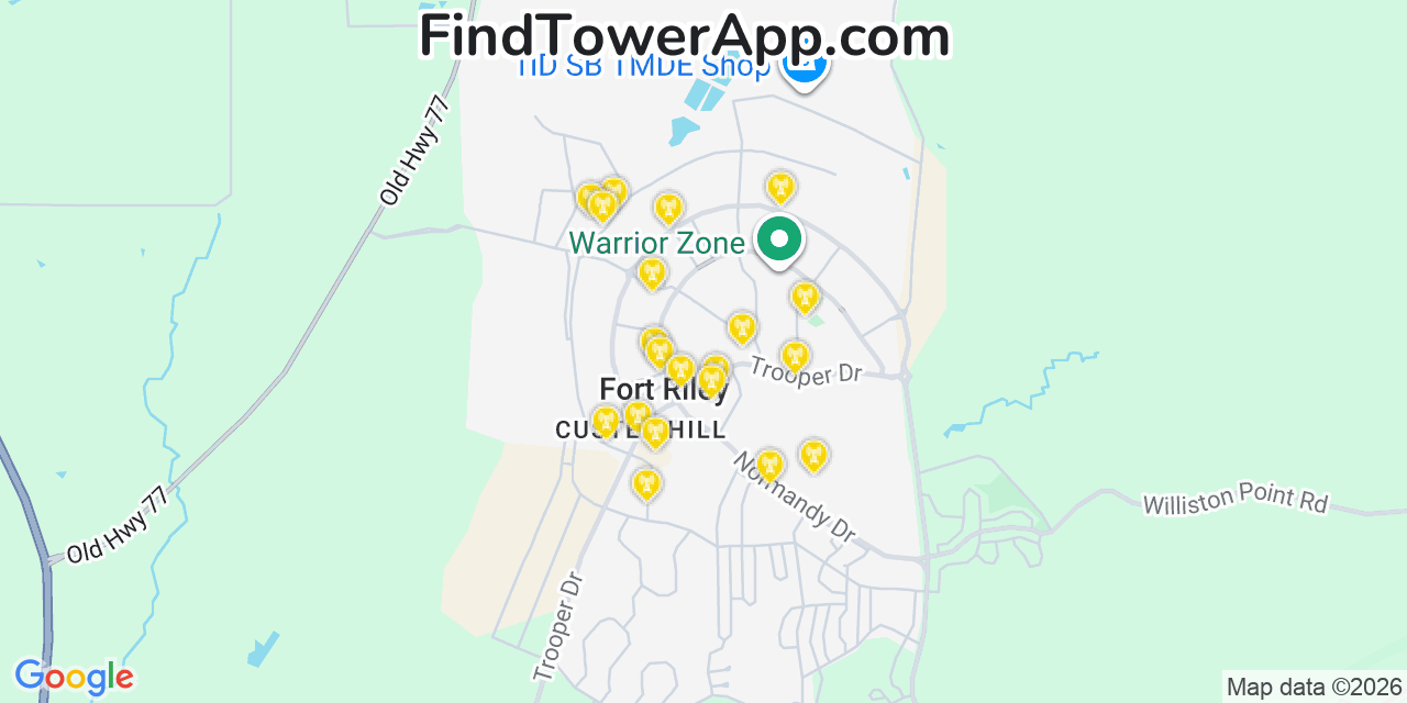 Map showing the 20 primary cell tower locations detected in Fort Riley North, Kansas from AT&T, Verizon, and T-Mobile networks