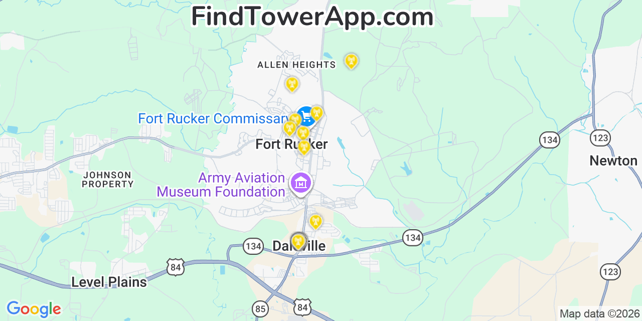 Map showing the 20 primary cell tower locations detected in Fort Rucker, Alabama from AT&T, Verizon, and T-Mobile networks