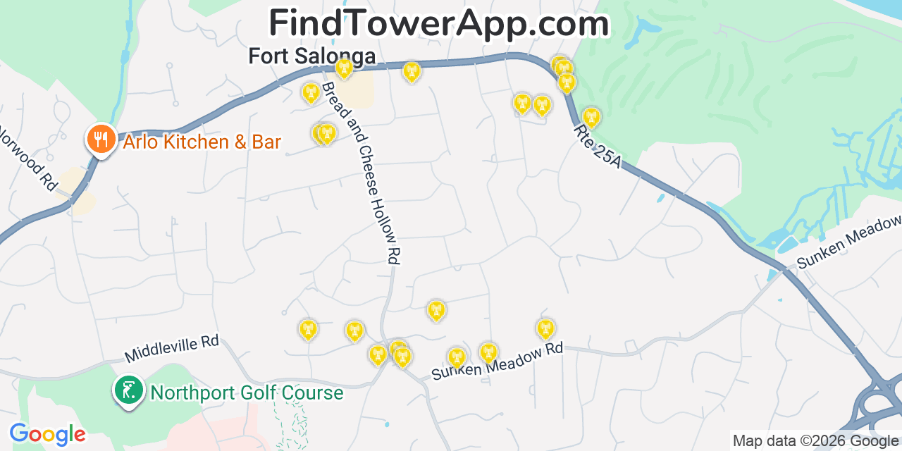 Map showing the 20 primary cell tower locations detected in Fort Salonga, New York from AT&T, Verizon, and T-Mobile networks