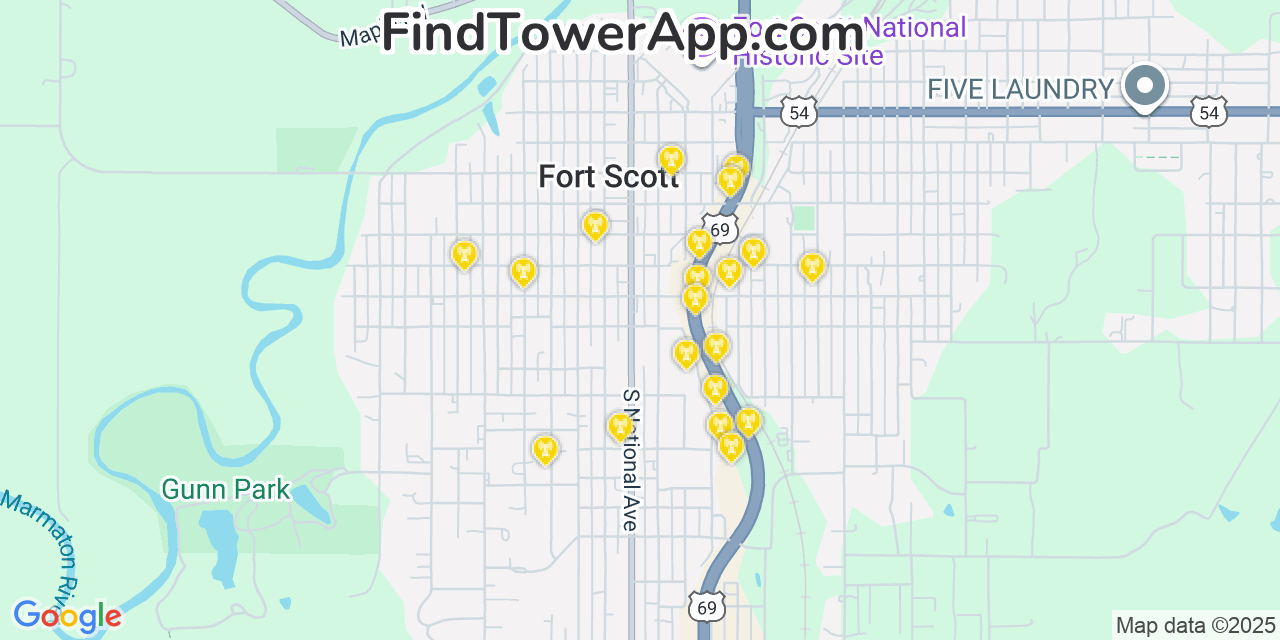 Map showing the 20 primary cell tower locations detected in Fort Scott, Kansas from AT&T, Verizon, and T-Mobile networks
