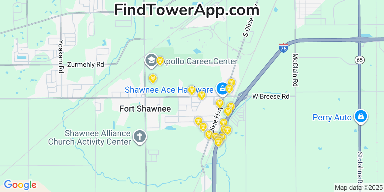Map showing the 20 primary cell tower locations detected in Fort Shawnee, Ohio from AT&T, Verizon, and T-Mobile networks