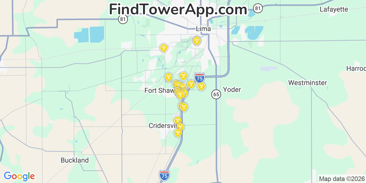 Map showing the 20 primary cell tower locations detected in Fort Shawnee, Ohio from AT&T, Verizon, and T-Mobile networks