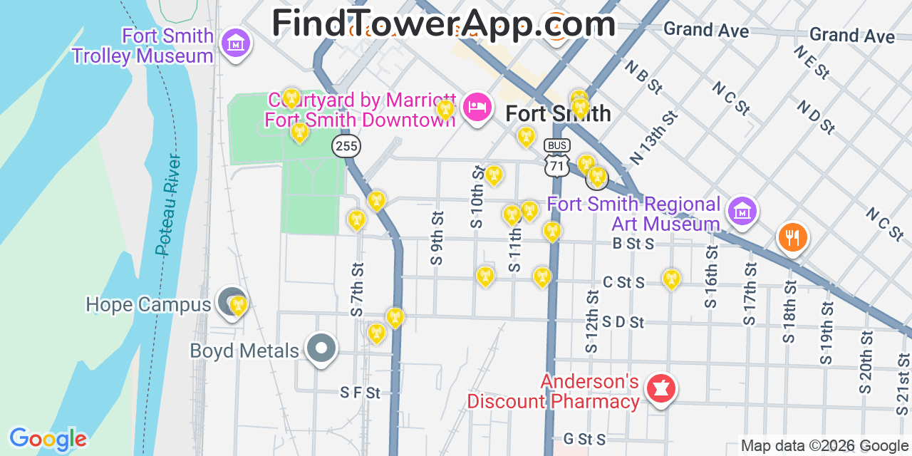 Map showing the 20 primary cell tower locations detected in Fort Smith, Arkansas from AT&T, Verizon, and T-Mobile networks