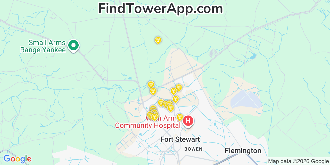 Map showing the 20 primary cell tower locations detected in Fort Stewart, Georgia from AT&T, Verizon, and T-Mobile networks
