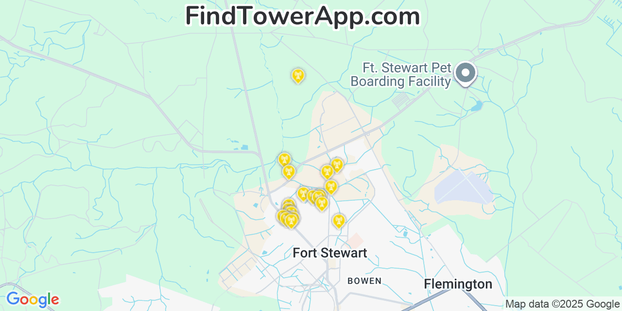 Map showing the 20 primary Mobitel cell tower locations detected in Fort Stewart, Georgia with coverage radius and signal strength indicators