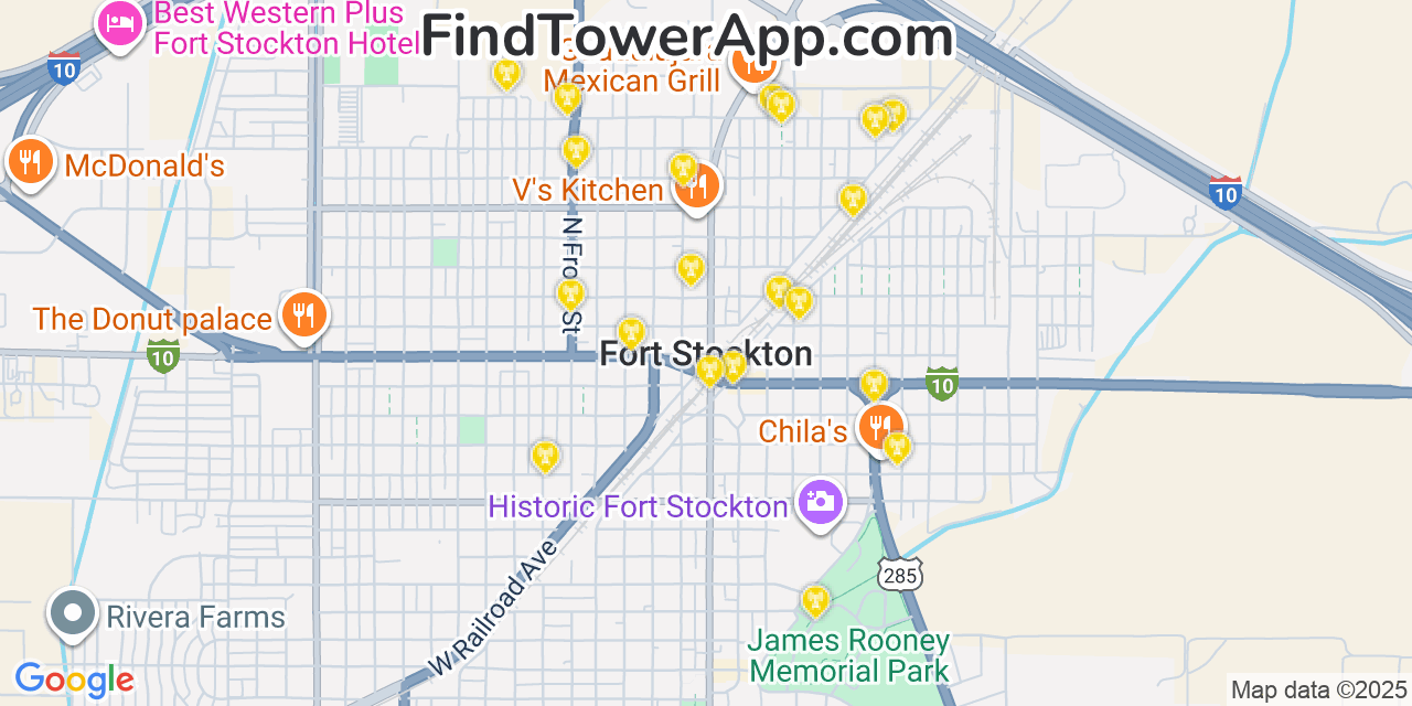 Map showing the 20 primary cell tower locations detected in Fort Stockton, Texas from AT&T, Verizon, and T-Mobile networks