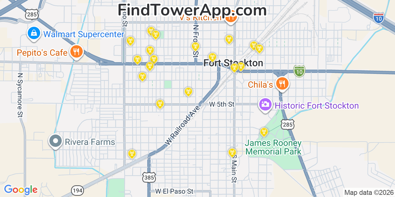 Map showing the 20 primary cell tower locations detected in Fort Stockton, Texas from AT&T, Verizon, and T-Mobile networks
