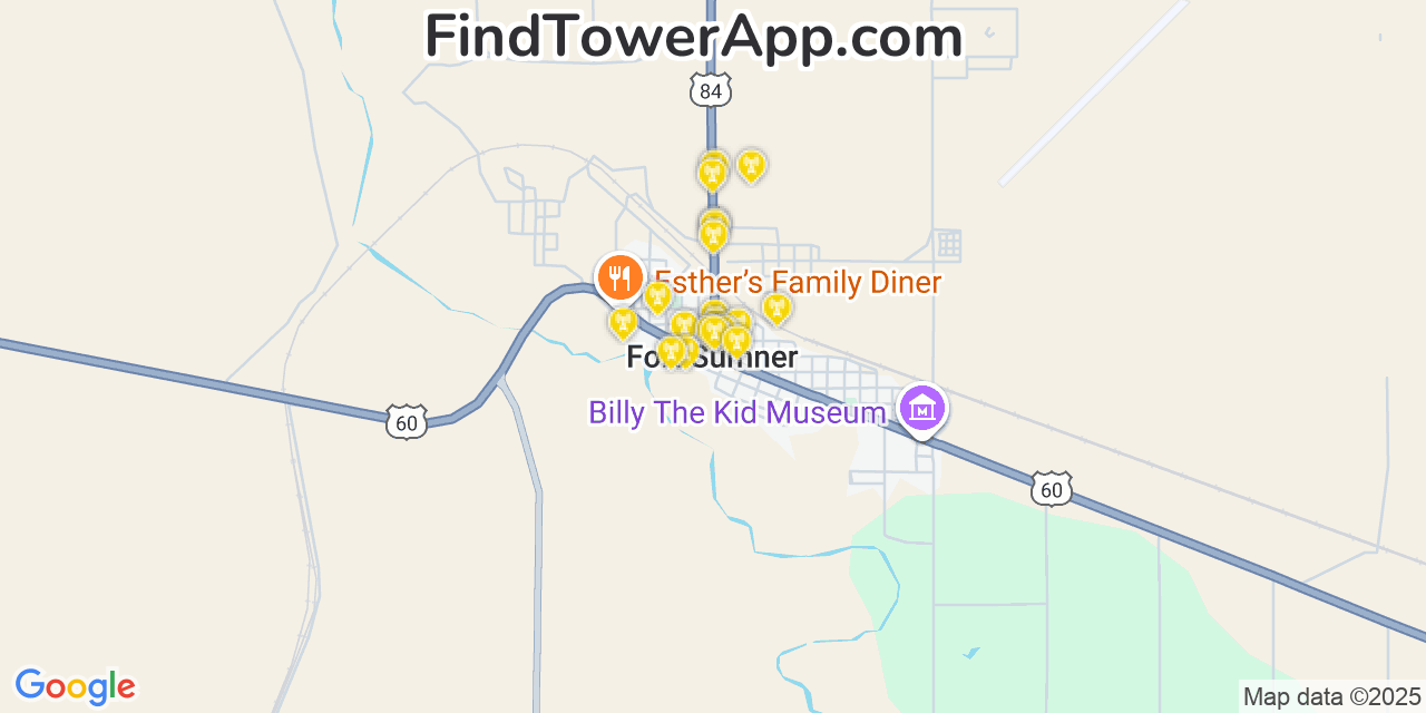 Map showing the 20 primary cell tower locations detected in Fort Sumner, New Mexico from AT&T, Verizon, and T-Mobile networks