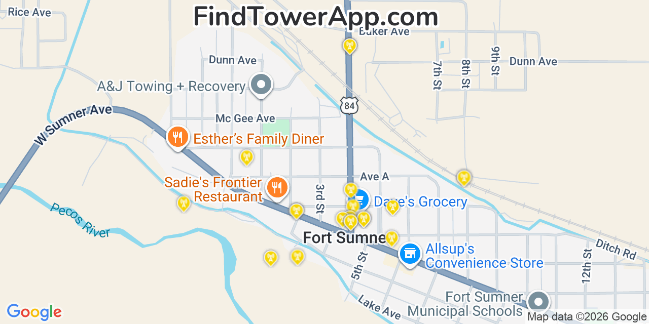 Map showing the 20 primary cell tower locations detected in Fort Sumner, New Mexico from AT&T, Verizon, and T-Mobile networks
