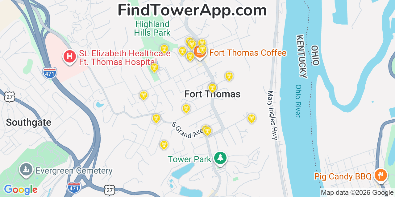 Map showing the 20 primary cell tower locations detected in Fort Thomas, Kentucky from AT&T, Verizon, and T-Mobile networks