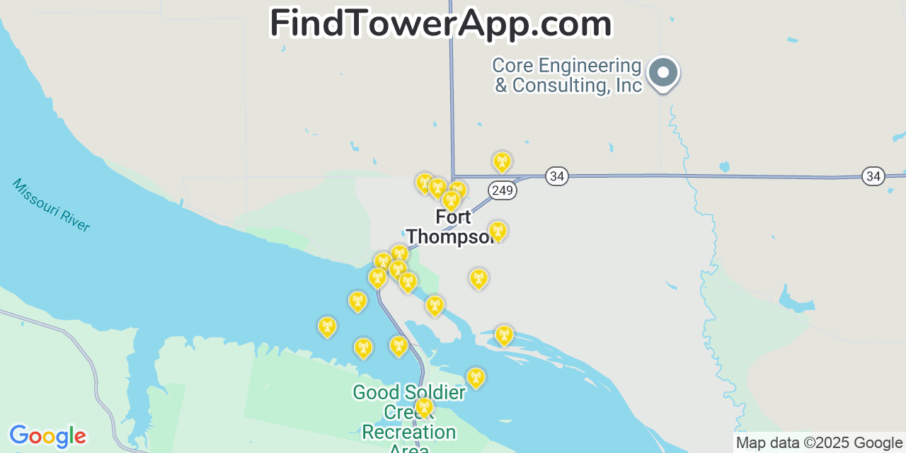 Map showing the 20 primary cell tower locations detected in Fort Thompson, South Dakota from AT&T, Verizon, and T-Mobile networks