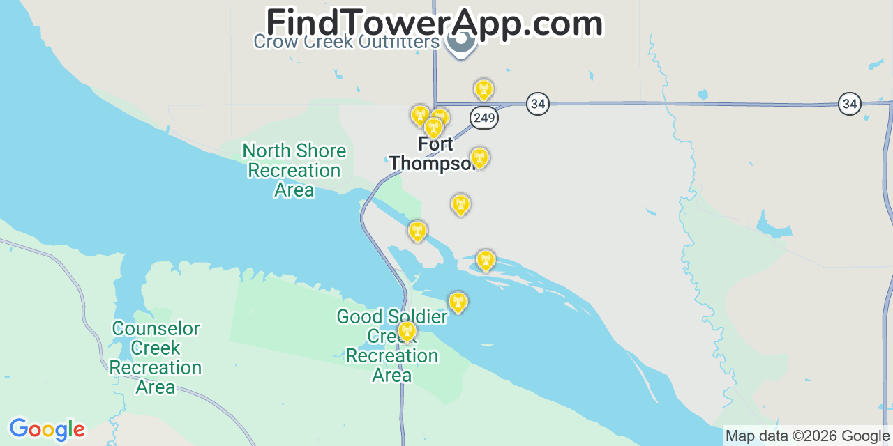 Map showing the 20 primary cell tower locations detected in Fort Thompson, South Dakota from AT&T, Verizon, and T-Mobile networks