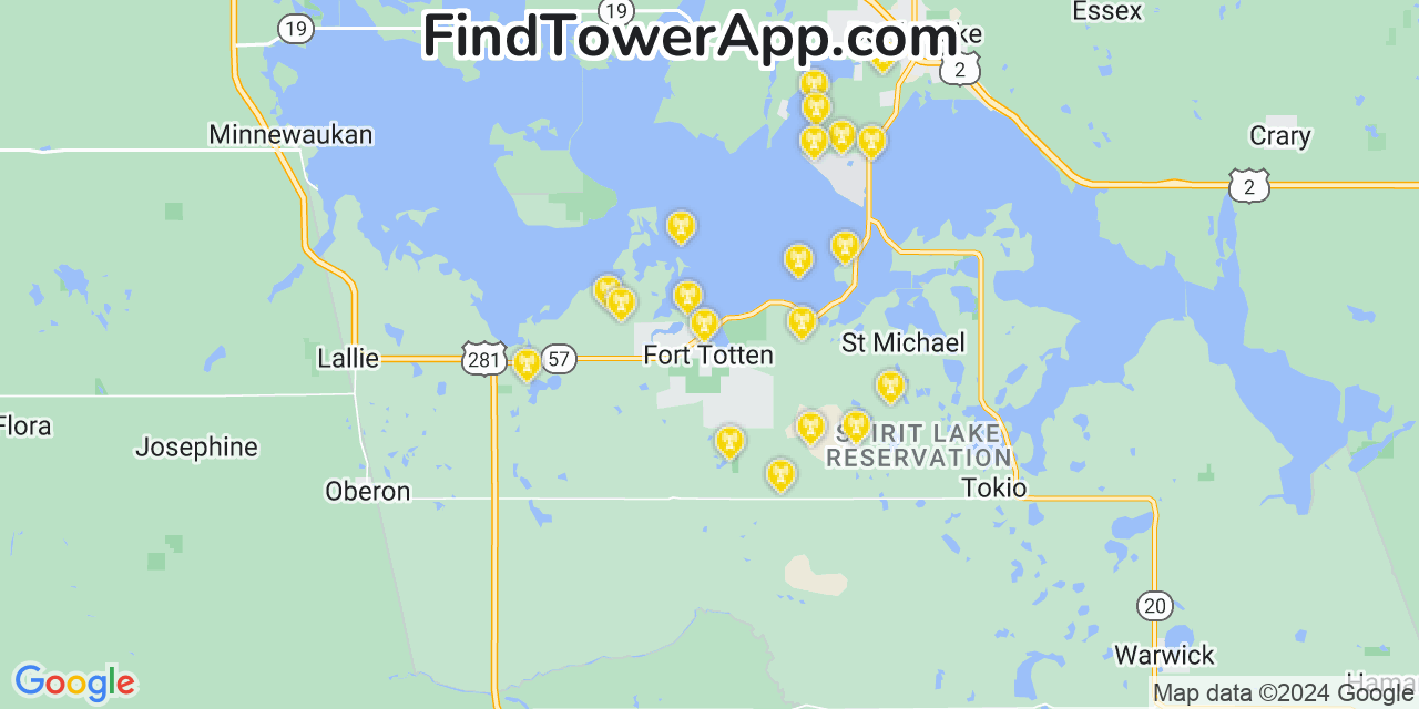 AT&T 4G/5G cell tower coverage map Fort Totten, North Dakota