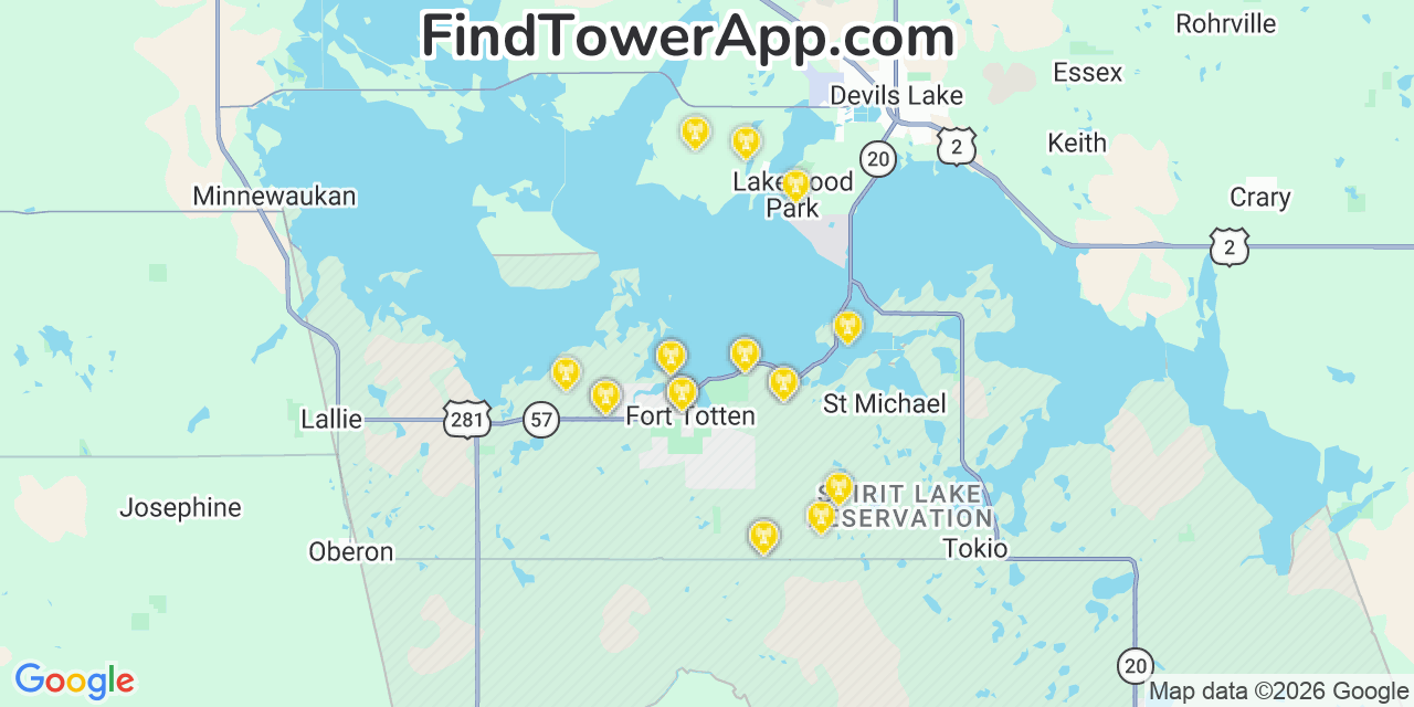 Map showing the 20 primary cell tower locations detected in Fort Totten, North Dakota from AT&T, Verizon, and T-Mobile networks