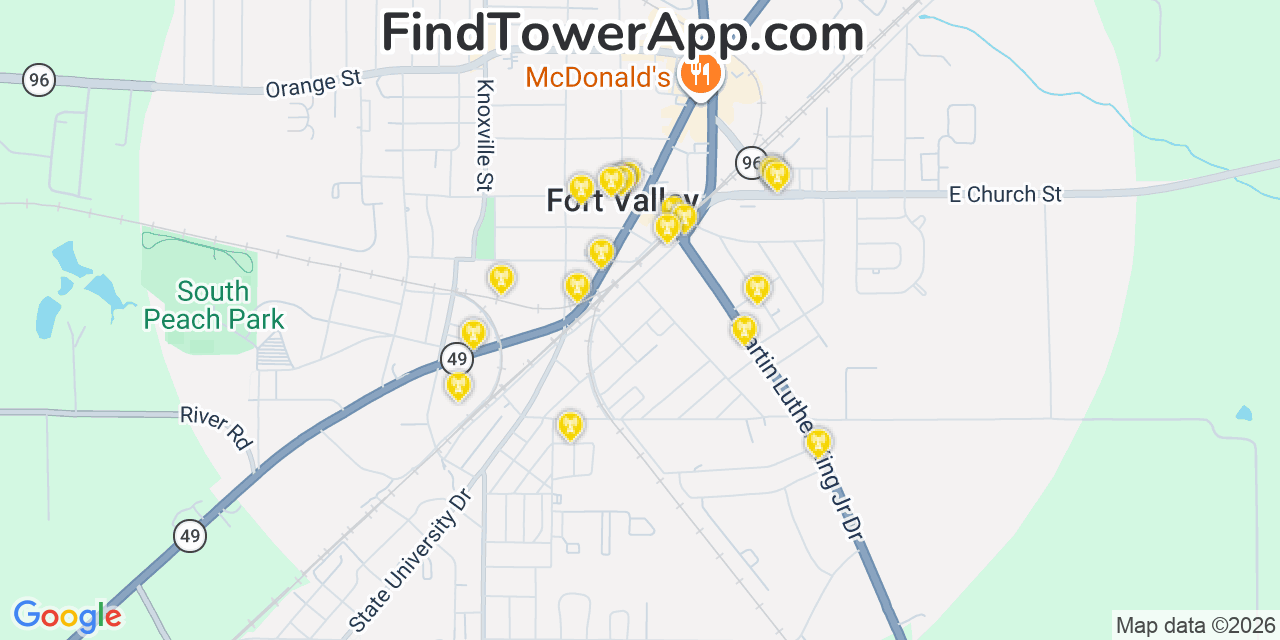 Map showing the 20 primary cell tower locations detected in Fort Valley, Georgia from AT&T, Verizon, and T-Mobile networks