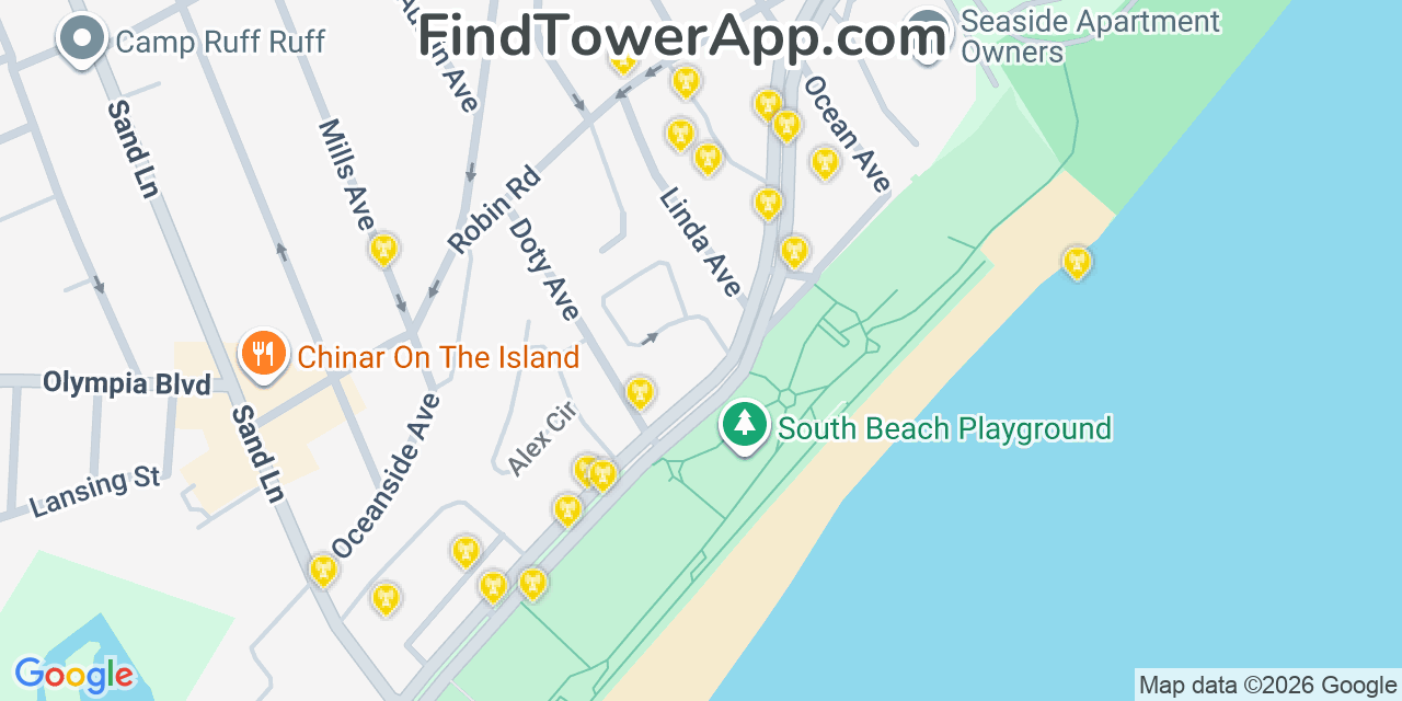 Map showing the 20 primary cell tower locations detected in Fort Wadsworth, New York from AT&T, Verizon, and T-Mobile networks
