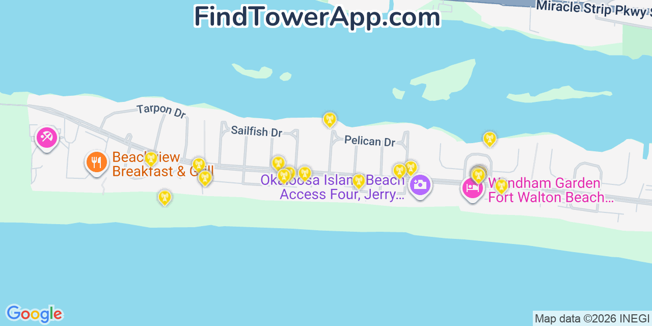 Map showing the 20 primary cell tower locations detected in Fort Walton Beach, Florida from AT&T, Verizon, and T-Mobile networks
