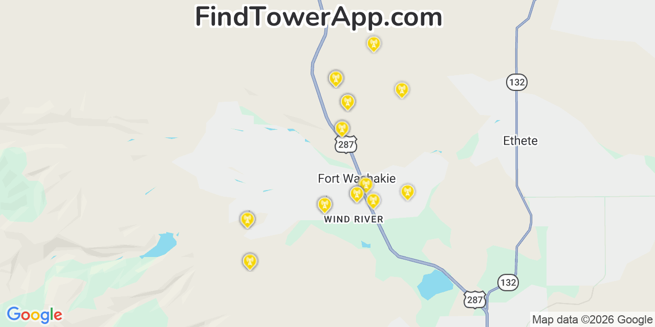 Map showing the 20 primary cell tower locations detected in Fort Washakie, Wyoming from AT&T, Verizon, and T-Mobile networks