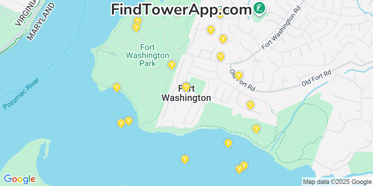 Map showing the 20 primary cell tower locations detected in Fort Washington, Maryland from AT&T, Verizon, and T-Mobile networks