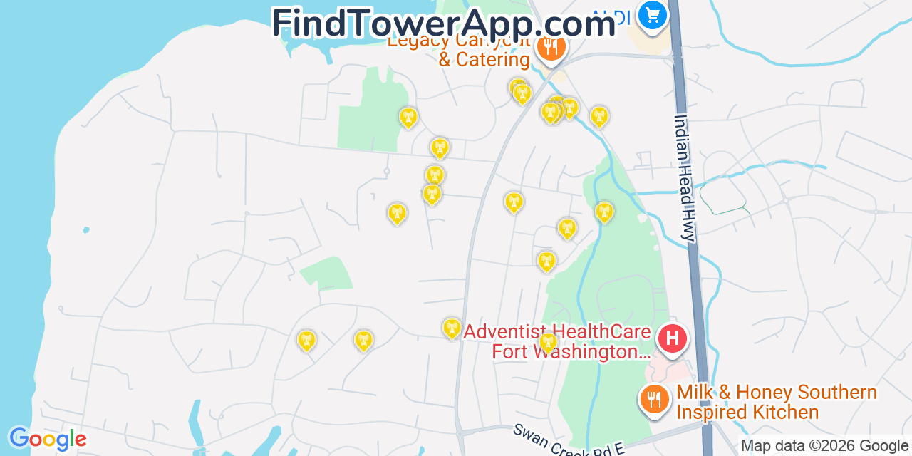 Map showing the 20 primary cell tower locations detected in Fort Washington, Maryland from AT&T, Verizon, and T-Mobile networks