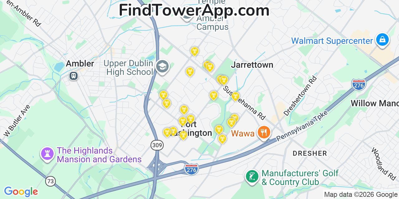 Map showing the 20 primary cell tower locations detected in Fort Washington, Pennsylvania from AT&T, Verizon, and T-Mobile networks