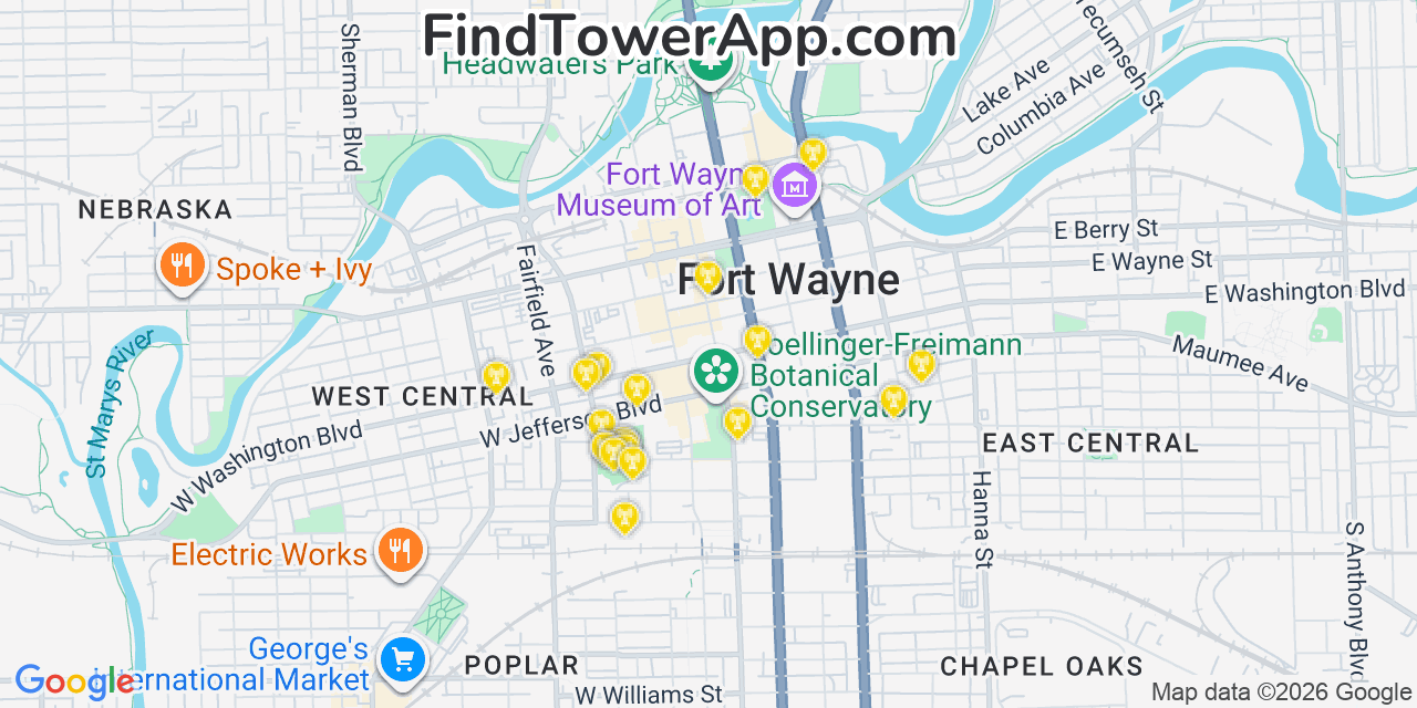 Map showing the 20 primary cell tower locations detected in Fort Wayne, Indiana from AT&T, Verizon, and T-Mobile networks