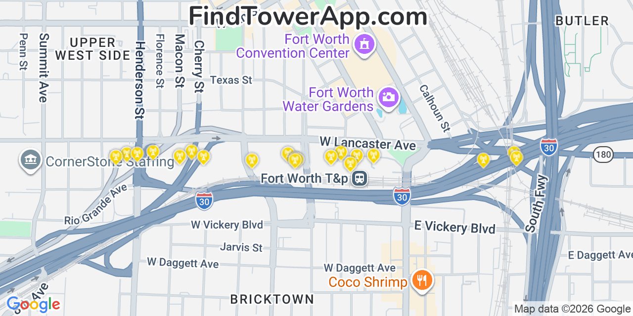 Map showing the 20 primary cell tower locations detected in Fort Worth, Texas from AT&T, Verizon, and T-Mobile networks