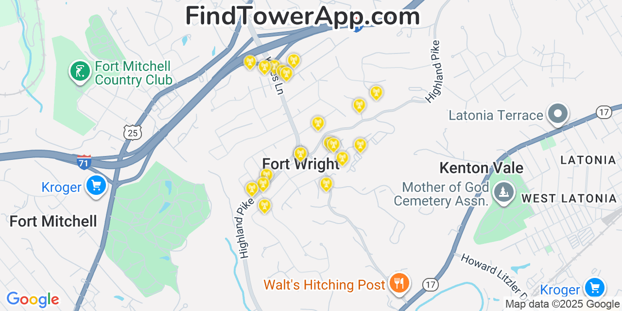 Map showing the 20 primary cell tower locations detected in Fort Wright, Kentucky from AT&T, Verizon, and T-Mobile networks