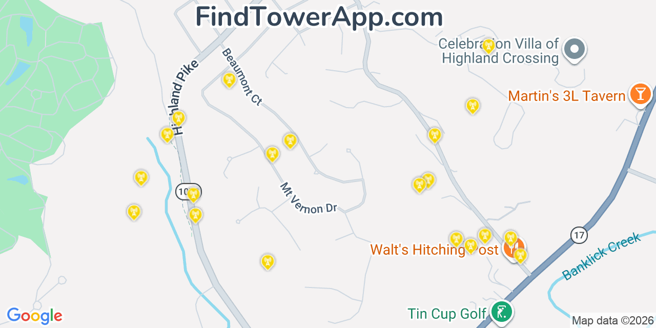 Map showing the 20 primary cell tower locations detected in Fort Wright, Kentucky from AT&T, Verizon, and T-Mobile networks