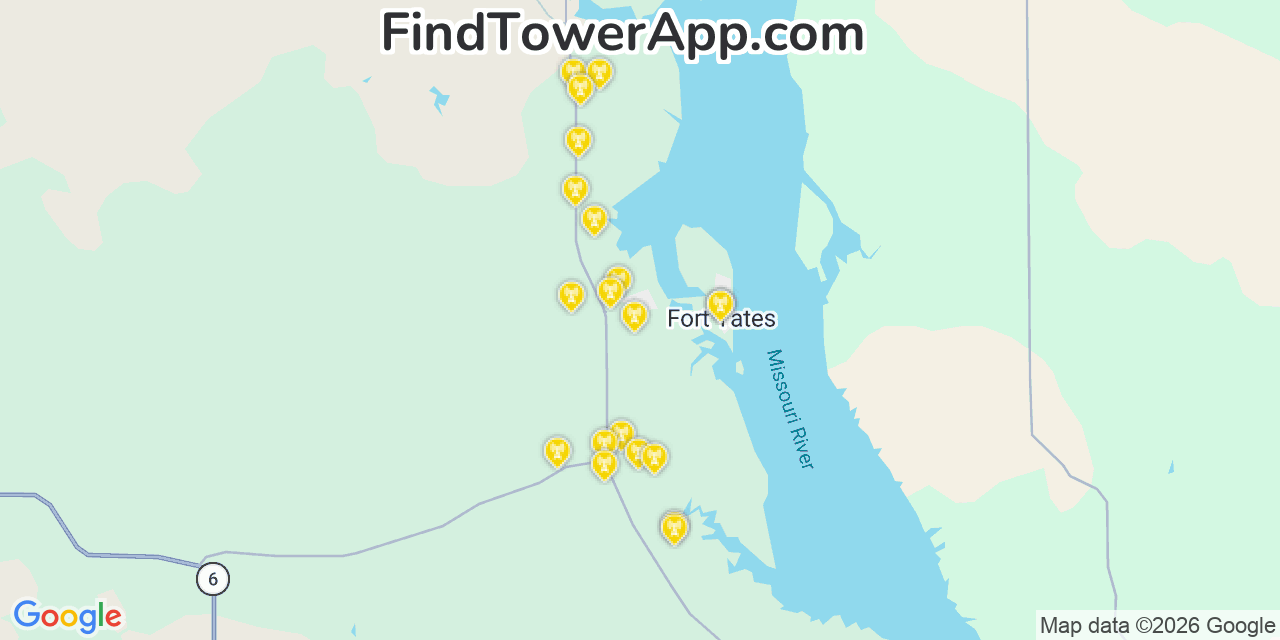 Map showing the 20 primary cell tower locations detected in Fort Yates, North Dakota from AT&T, Verizon, and T-Mobile networks