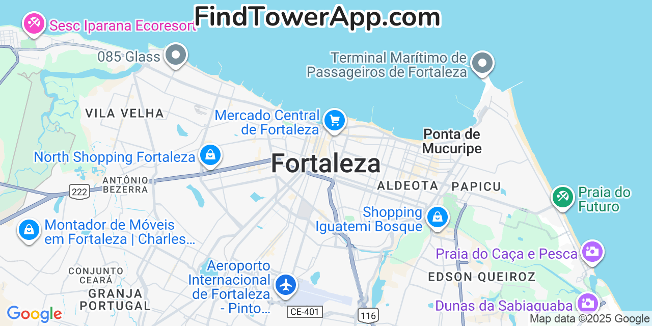 Map showing the 0 primary Brasil-Telecom-GSM cell tower locations detected in Fortaleza, Brazil with coverage radius and signal strength indicators