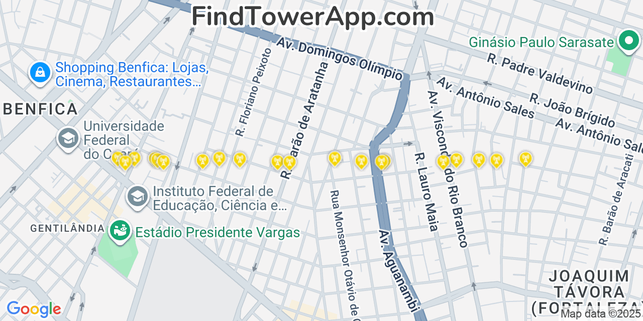 Map showing the 20 primary cell tower locations detected in Fortaleza, Brazil with coverage areas and signal strength