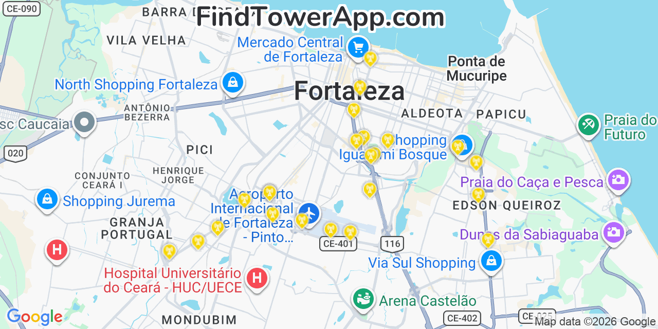 Map showing the 23 primary NII Holdings cell tower locations in Fortaleza, Brazil