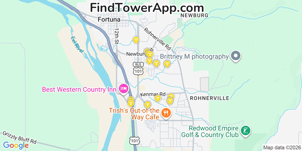 Map showing the 20 primary cell tower locations detected in Fortuna, California from AT&T, Verizon, and T-Mobile networks