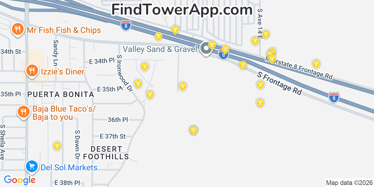 Map showing the 20 primary cell tower locations detected in Fortuna Foothills, Arizona from AT&T, Verizon, and T-Mobile networks