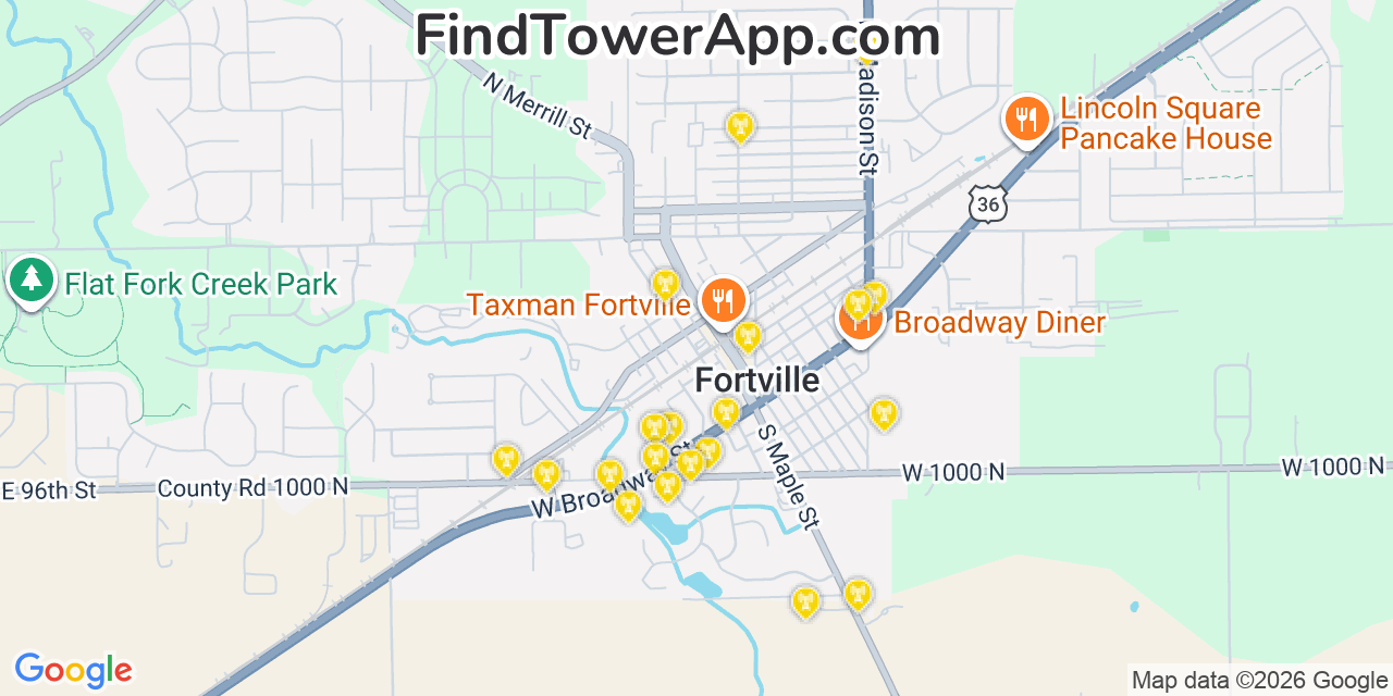 Map showing the 20 primary cell tower locations detected in Fortville, Indiana from AT&T, Verizon, and T-Mobile networks