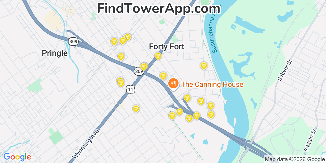 Map showing the 20 primary cell tower locations detected in Forty Fort, Pennsylvania from AT&T, Verizon, and T-Mobile networks