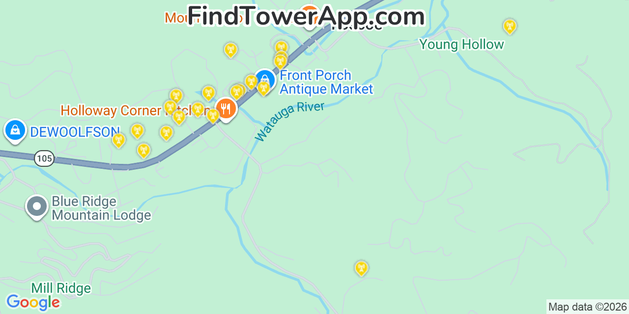 Map showing the 20 primary cell tower locations detected in Foscoe, North Carolina from AT&T, Verizon, and T-Mobile networks