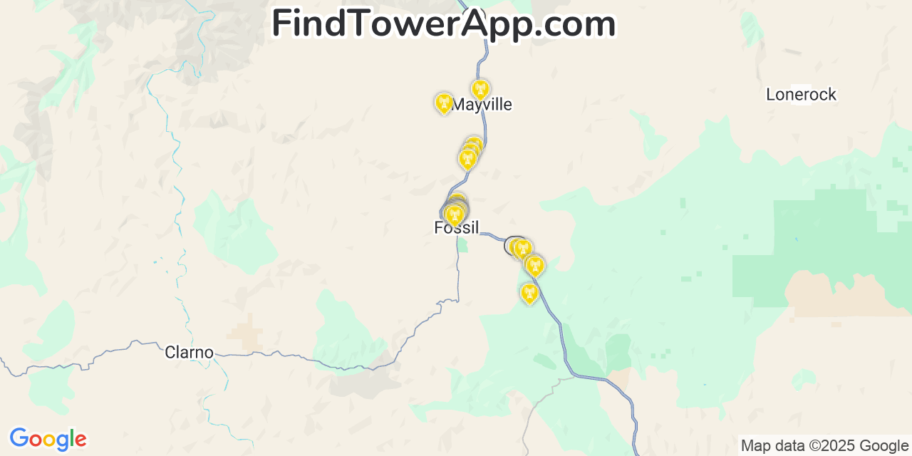 Map showing the 20 primary cell tower locations detected in Fossil, Oregon from AT&T, Verizon, and T-Mobile networks