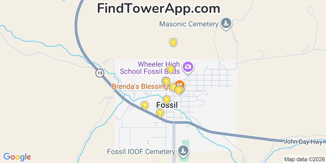 Map showing the 20 primary cell tower locations detected in Fossil, Oregon from AT&T, Verizon, and T-Mobile networks