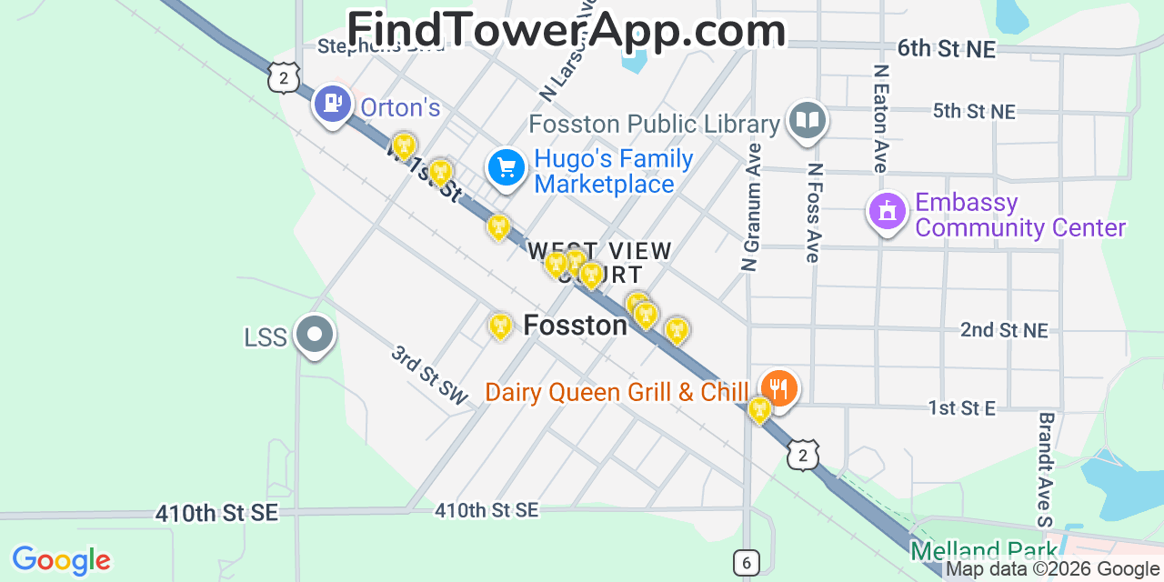 Map showing the 20 primary cell tower locations detected in Fosston, Minnesota from AT&T, Verizon, and T-Mobile networks