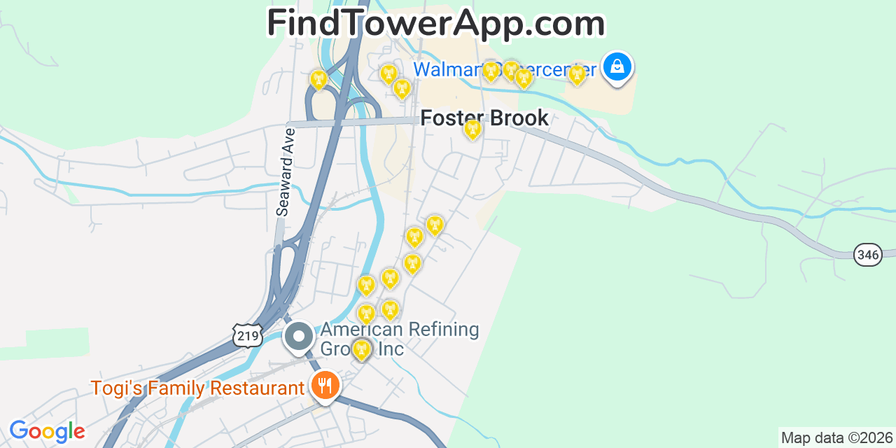 Map showing the 20 primary cell tower locations detected in Foster Brook, Pennsylvania from AT&T, Verizon, and T-Mobile networks