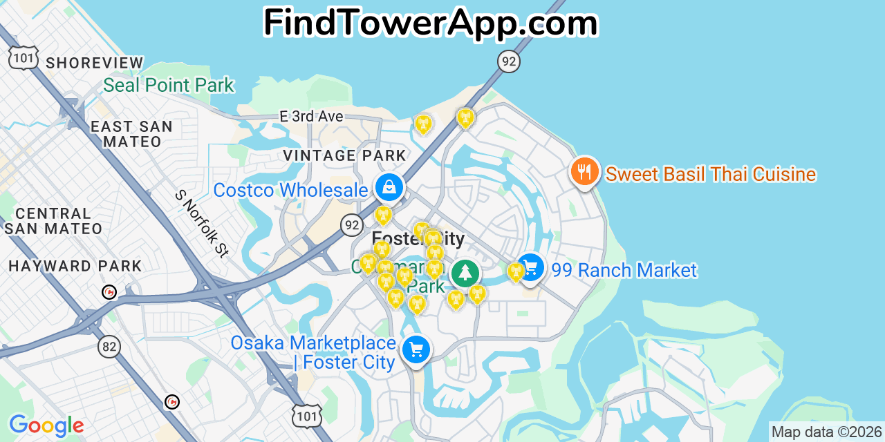 Map showing the 20 primary cell tower locations detected in Foster City, California from AT&T, Verizon, and T-Mobile networks