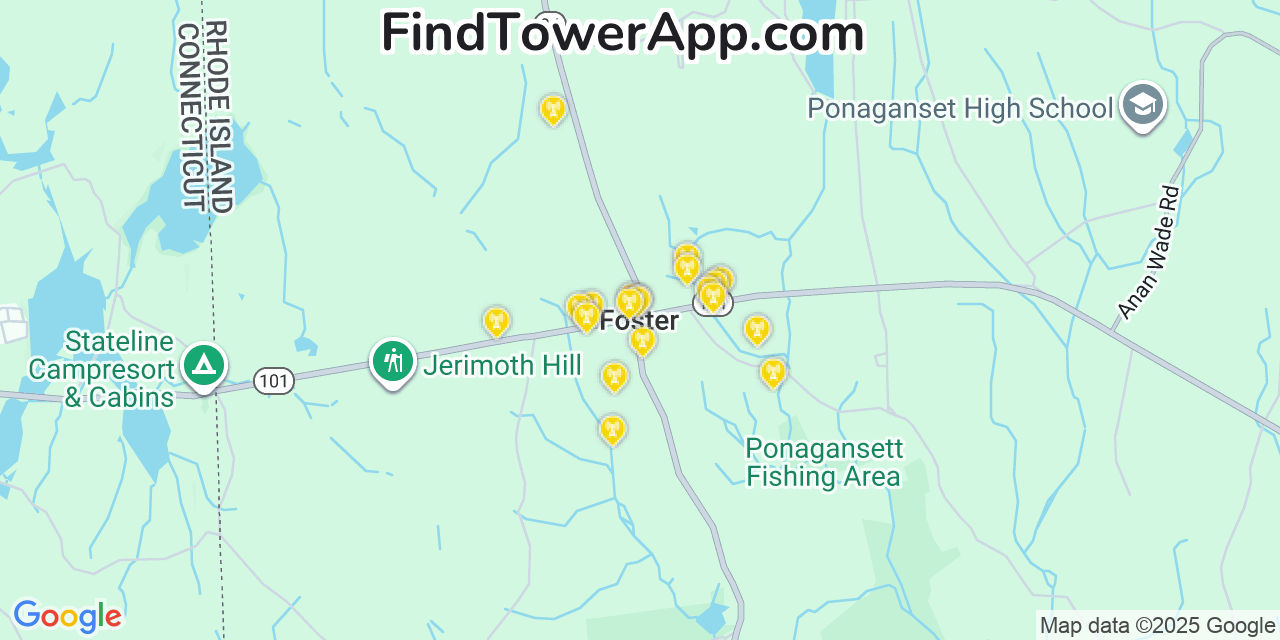 Map showing the 20 primary cell tower locations detected in Foster, Rhode Island from AT&T, Verizon, and T-Mobile networks