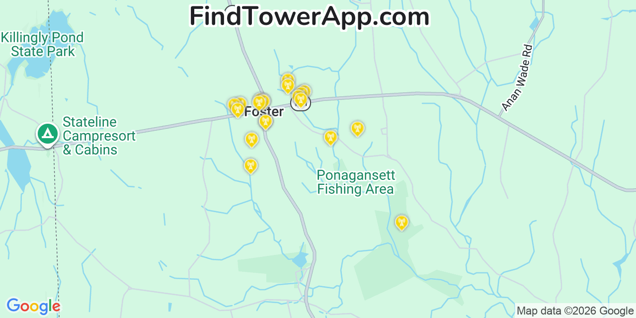 Map showing the 20 primary cell tower locations detected in Foster, Rhode Island from AT&T, Verizon, and T-Mobile networks